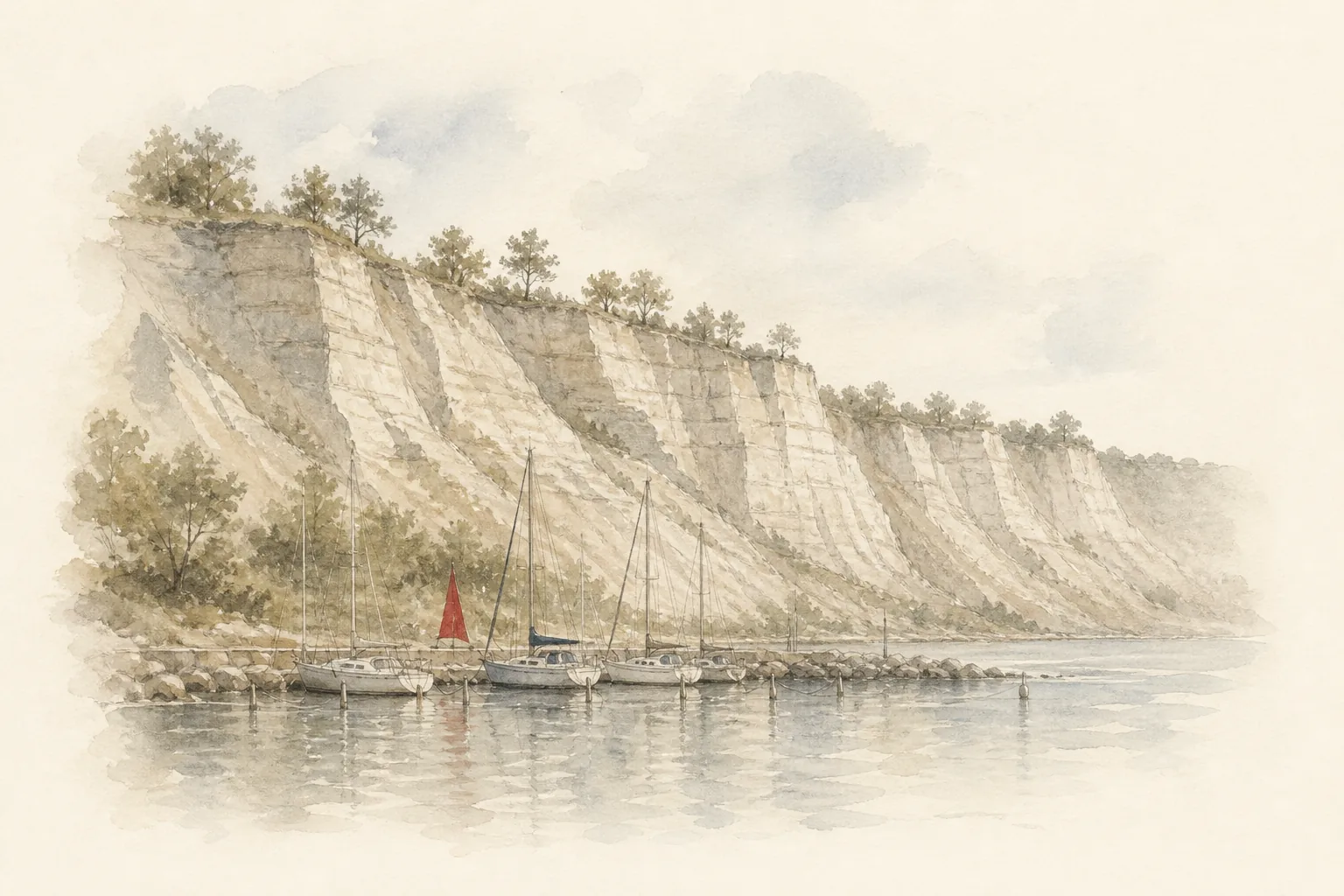 Scarborough Bluffs from Bluffer's Park marina - watercolor illustration
