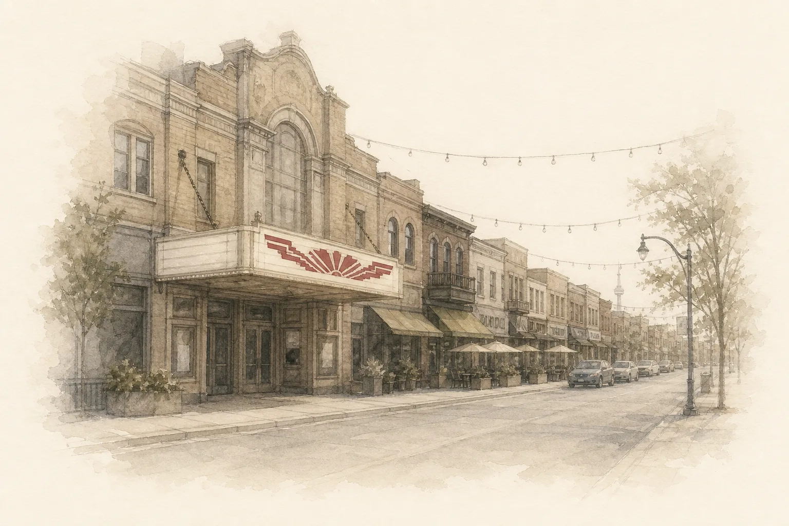 Greektown lights and the Music Hall marquee - watercolor illustration